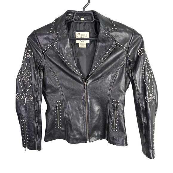 Womens Cripple Creek Black Genuine Leather Studded Jacket Full Zip Western S - Picture 1 of 8